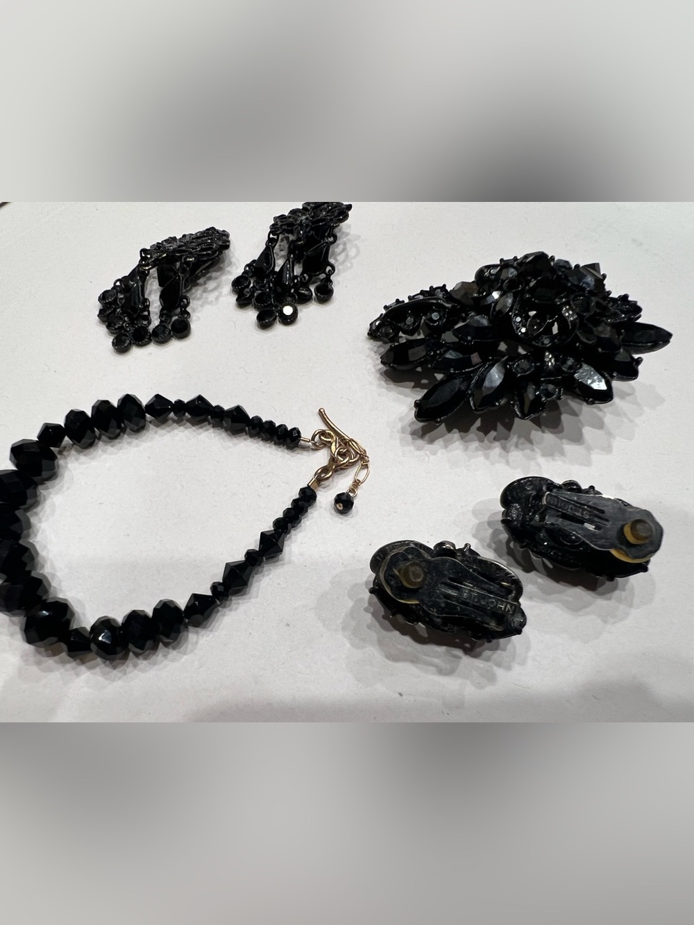St. John Black Beaded Set with Coordinating Black Clip Earrings and Brooch